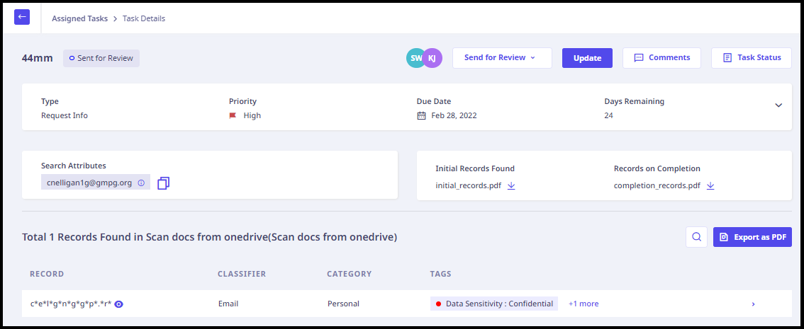 Actions available with the tasks