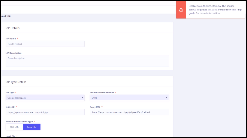 Authorizing error for google IdP