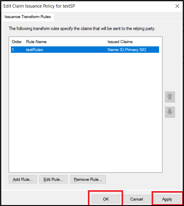 Edit claim issuance policy for testSP