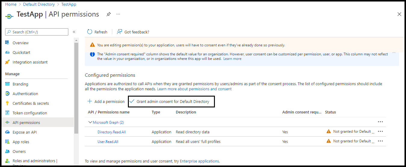 Grant admin consent for Default Directory