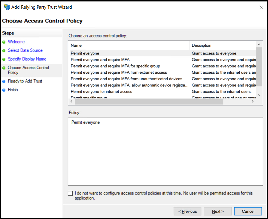Relying party trust - Choose access control policy
