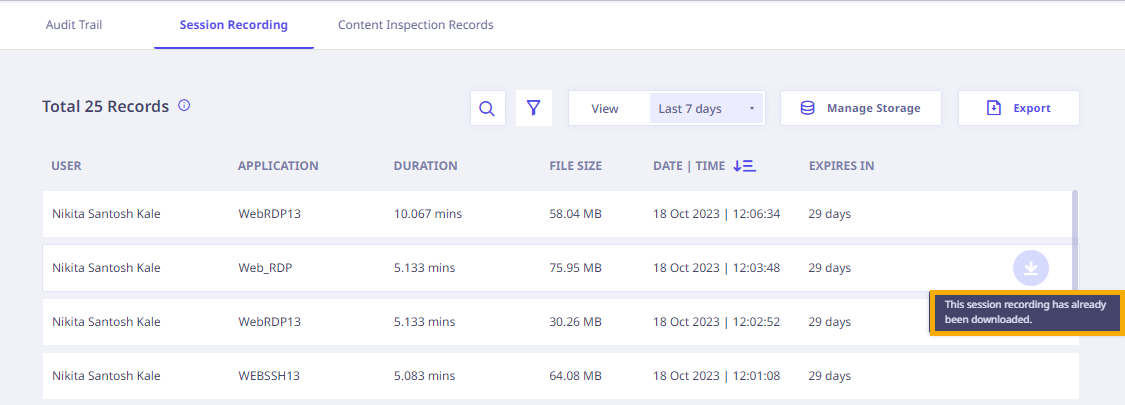 Session Recording Download Option